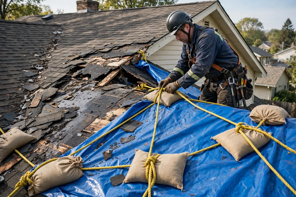Emergency roof tarping on a Texas home